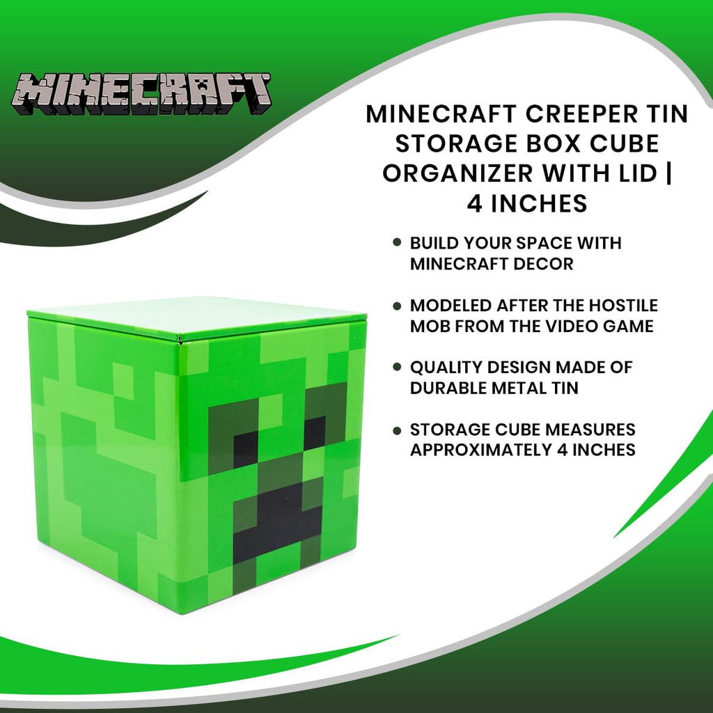 Minecraft Creeper Tin Storage Box Cube Organizer with Lid | 4 Inches