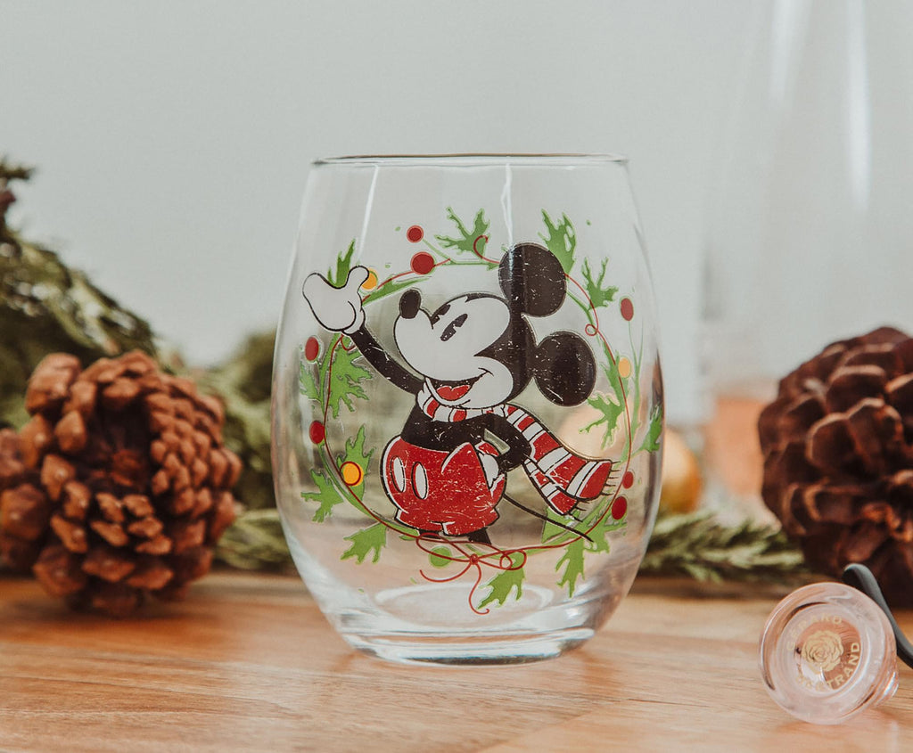 Disney Mickey Mouse Christmas Wreath Stemless Wine Glass | Holds 20 Ounces