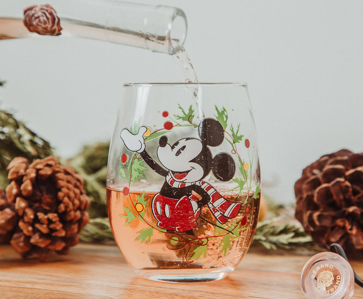 Disney Mickey Mouse Christmas Wreath Stemless Wine Glass | Holds 20 Ounces