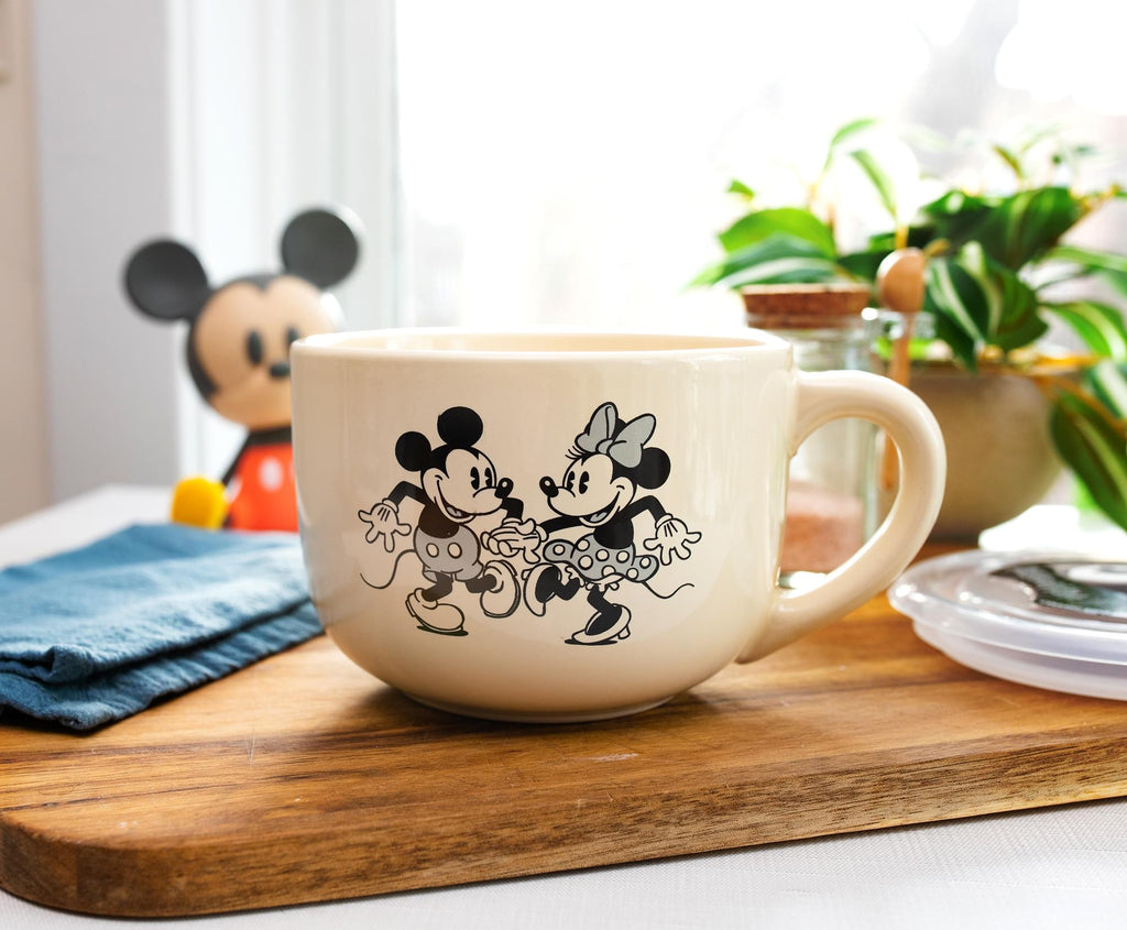 Disney Vintage Mickey and Minnie Mouse Ceramic Soup Mug With Lid | 24 Ounces