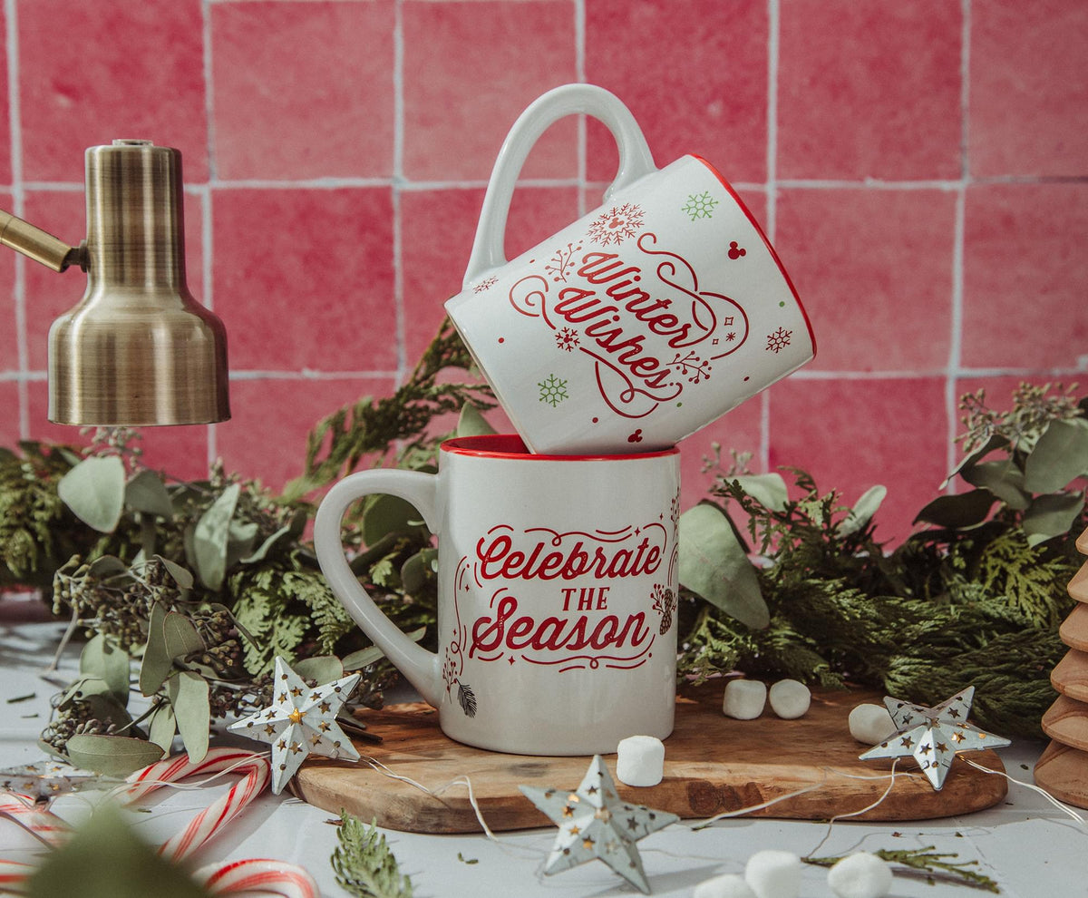 Disney Mickey and Minnie Mouse "Celebrate The Season" Ceramic Mugs | Set of 2